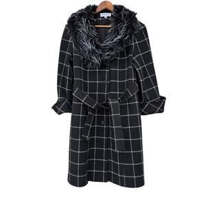 Vintage Jonathan Michael Checked Wool Blend Faux Fur Coat Black White Size 10